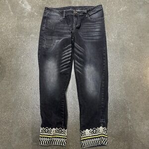 Desigual Jeans Womens 4 Black Ankle Mid Rise Embroidered Hem Distressed Denim